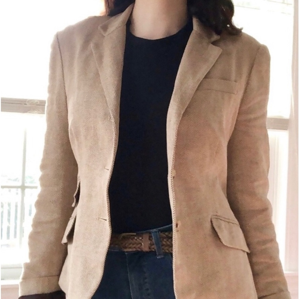 Chaps herringbone linen blend tan brown blazer business casual equestrian Sz 8